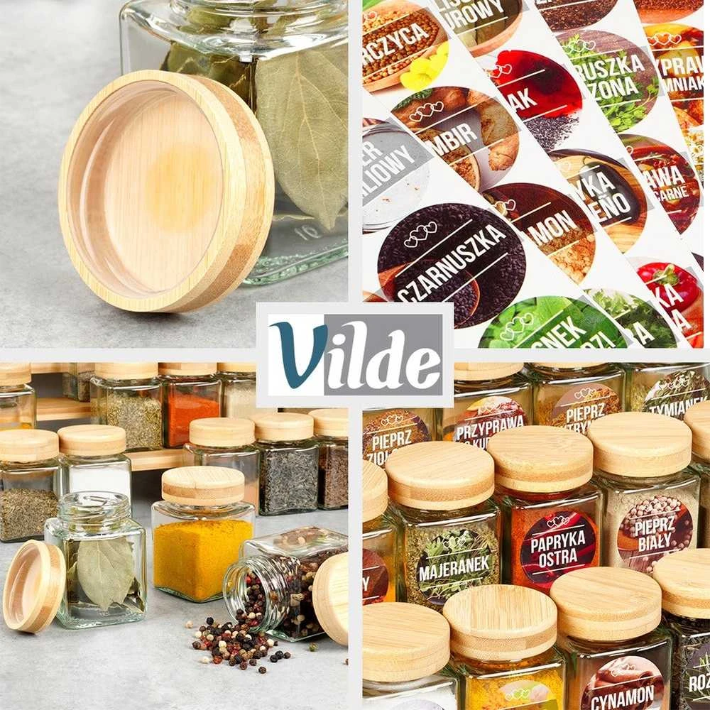 Aptel Prieskonių indeliai Vilde su bambuko dangteliais ir lipdukais, 24 vnt., 100 ml