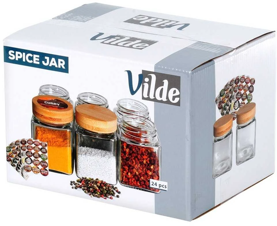 Aptel Prieskonių indeliai Vilde su bambuko dangteliais ir lipdukais, 24 vnt., 100 ml