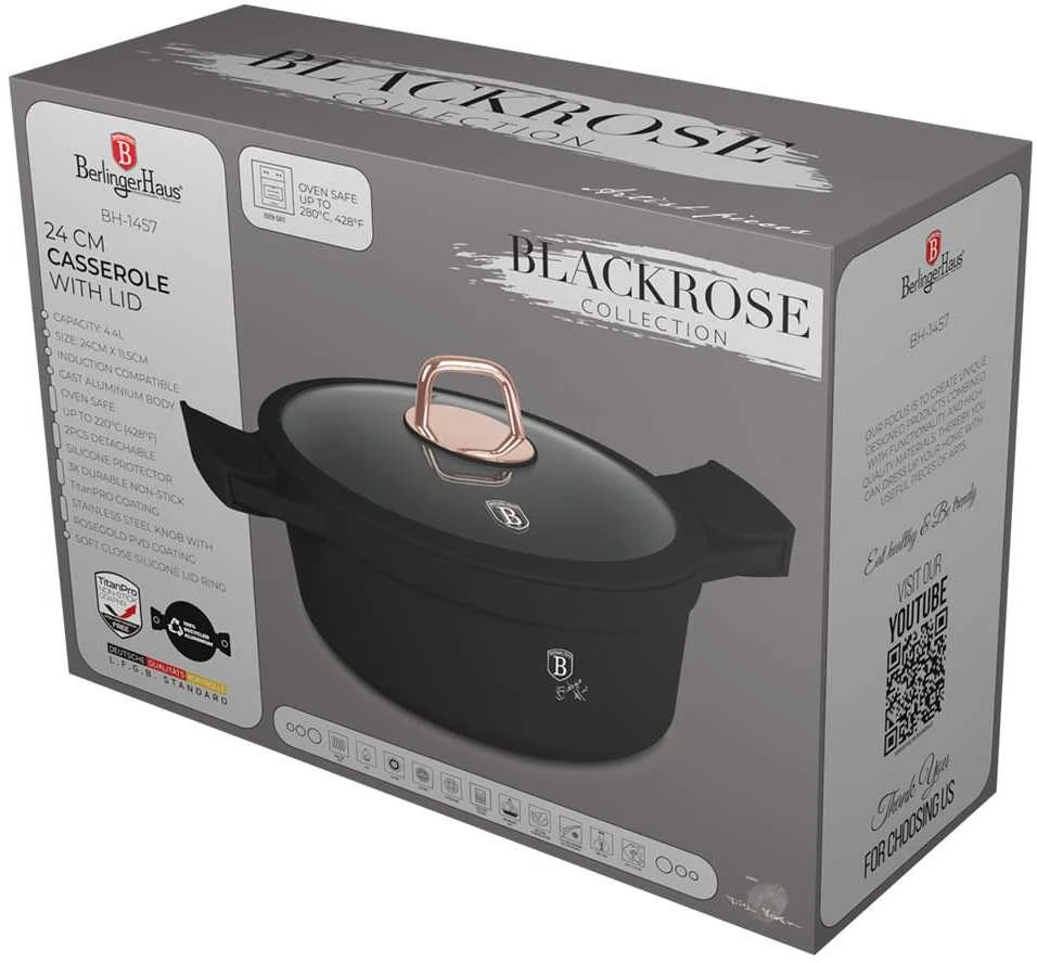 Puodas Z POWŁOKĄ TYTANOWĄ 4.4L 24CM BERLINGER HAUS Juodas ROSE BH-1457