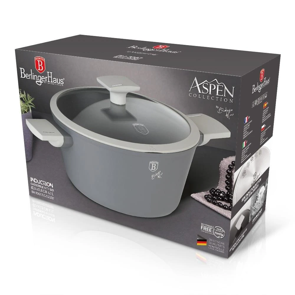 Titano puodas su dangteliu, pilkas 24cm 4.1L indukcinis BERLINGER HAUS Aspen
