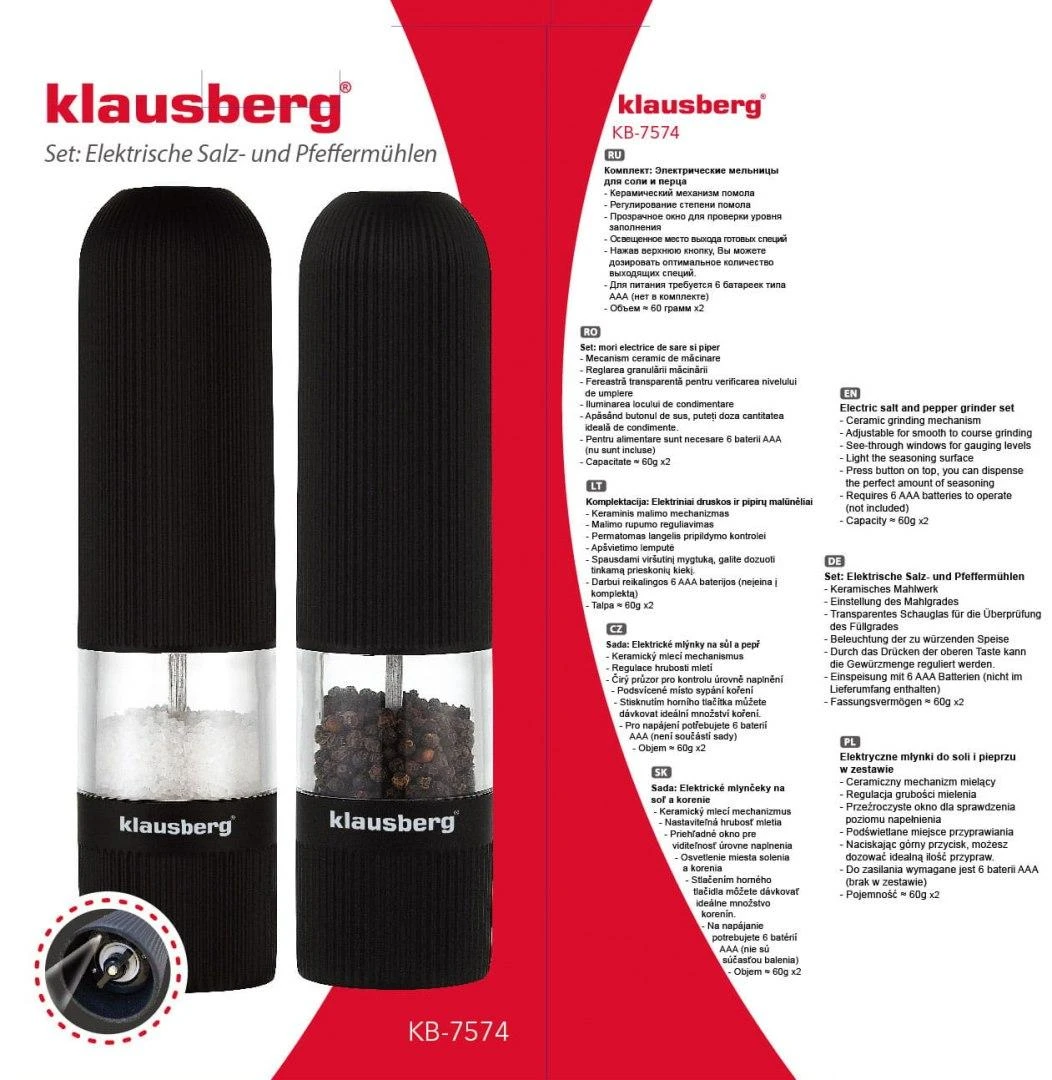 Elektrinių dviejų malūnėlių rinkinys druskai ir pipirams Klausberg KB-7574, juodi