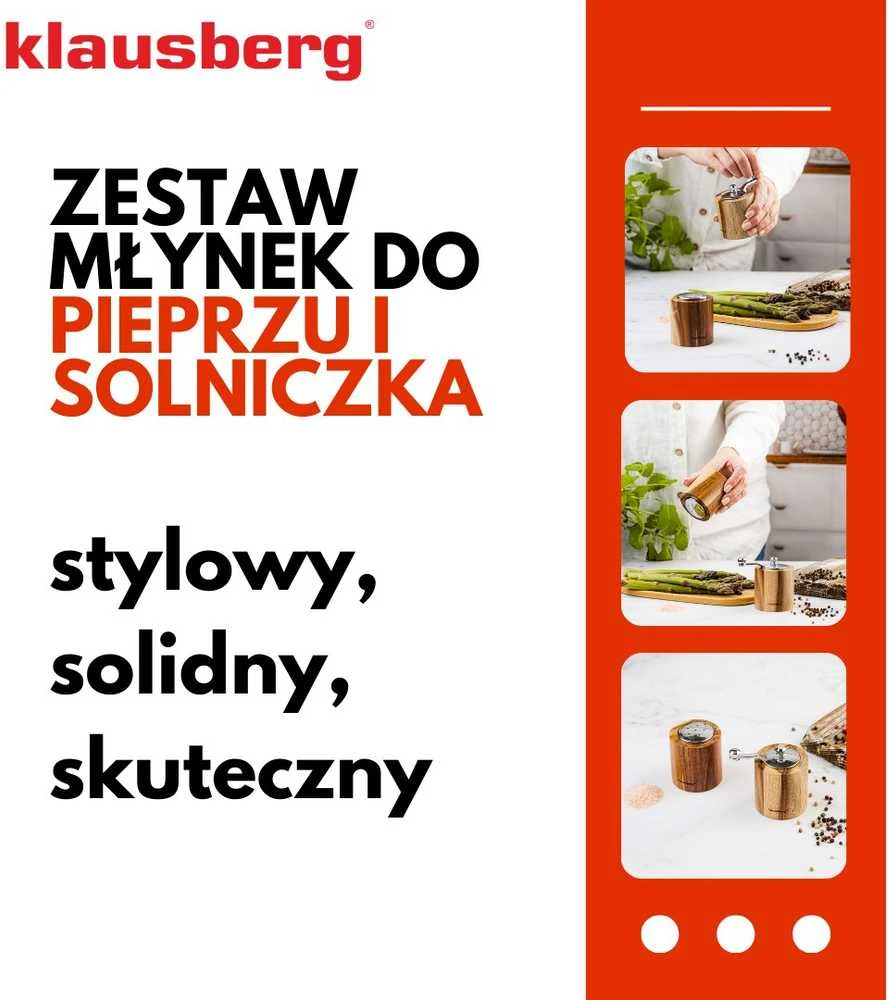 Młynek Pipirų malūnėlis su druskine - rinkinys, akacijos mediena, keraminis mechanizmas, Klausberg, kb-7859