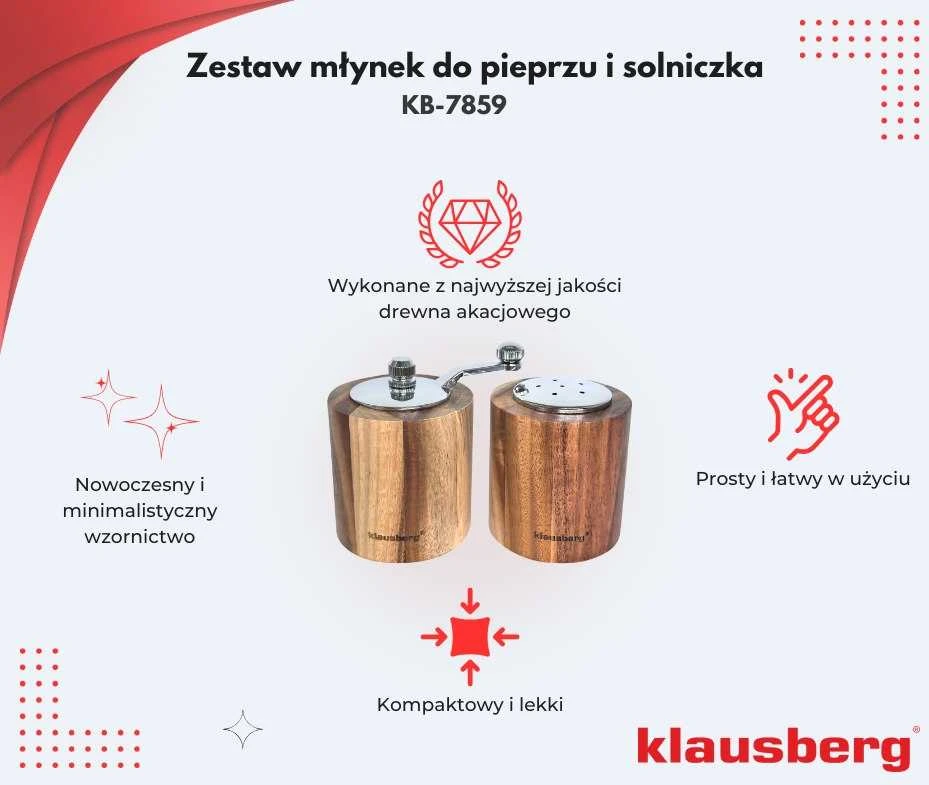 Młynek Pipirų malūnėlis su druskine - rinkinys, akacijos mediena, keraminis mechanizmas, Klausberg, kb-7859