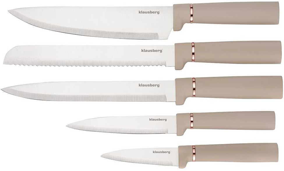Kaitlentė Rinkinys Peilių ir virtuvės įrankių rinkinys su lenta, 12 dalių, smėlio spalvos, Klausberg, kb-7935