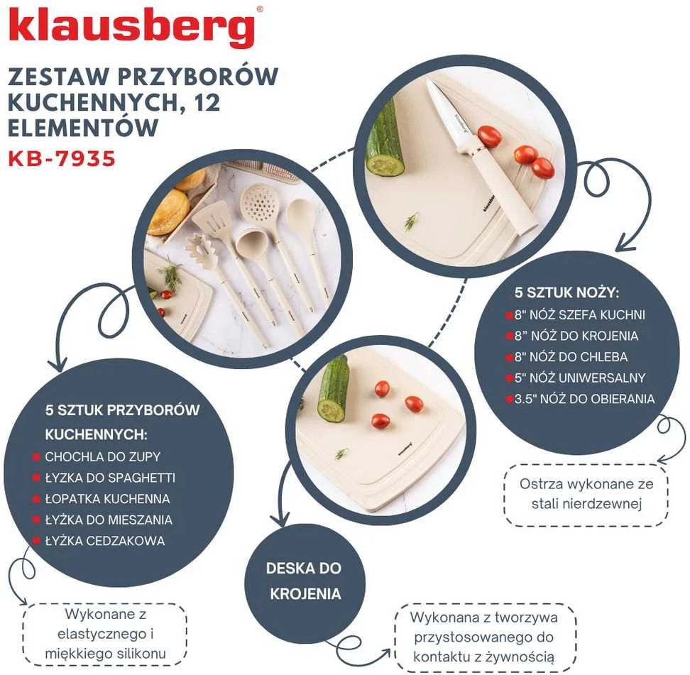 Zestaw Peilių ir virtuvės įrankių rinkinys su lenta, 12 dalių, smėlio spalvos, Klausberg, kb-7935