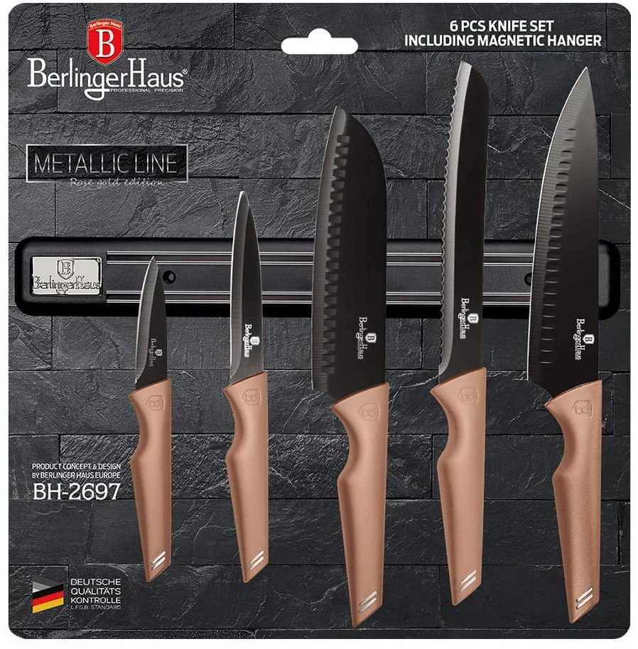 Rinkinys NOŻY Z LISTWĄ MAGNETYCZNĄ 6 ELEMENTÓW BERLINGER HAUS ROSE GOLD BH-2697