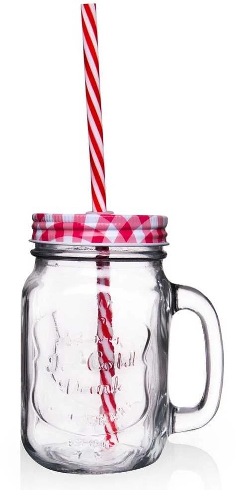 Orion stiklinis gėrimo stiklainis su dangteliu ir šiaudeliu 450 ml
