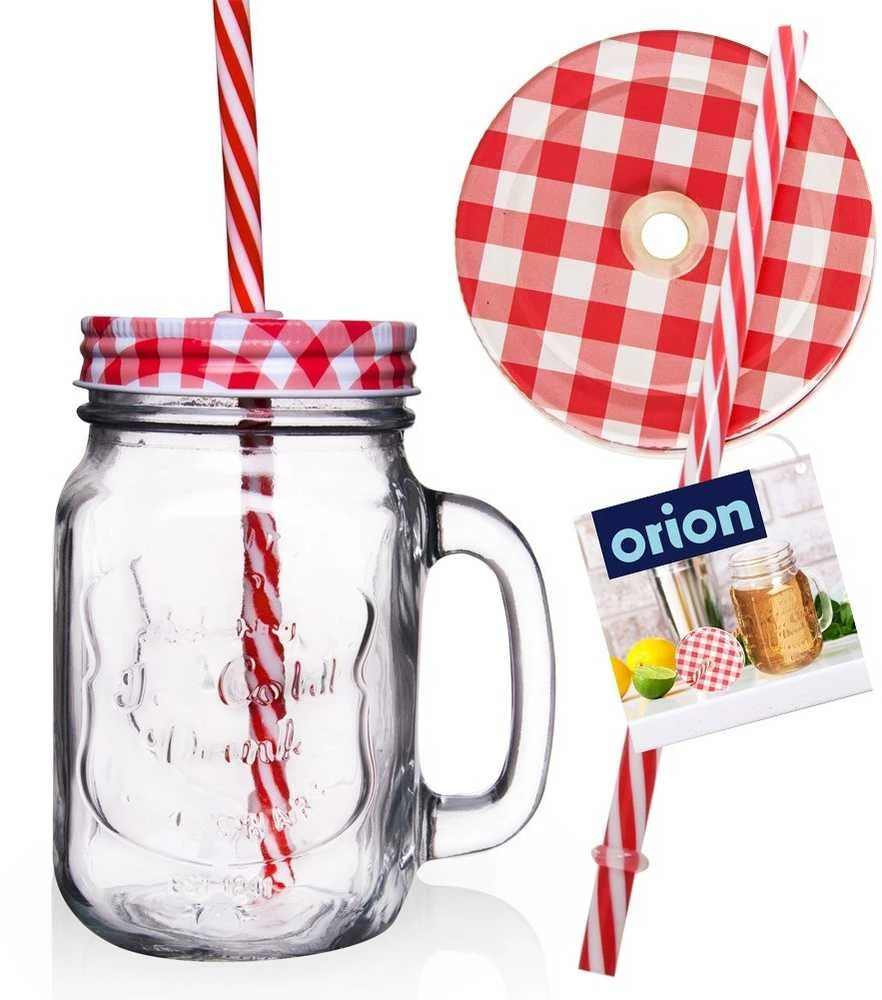 Orion stiklinis gėrimo stiklainis su dangteliu ir šiaudeliu 450 ml
