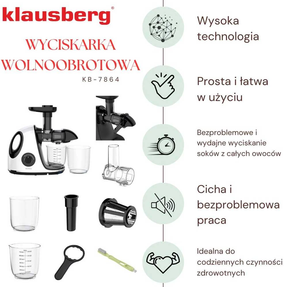Sulčiaspaudė Lėtaeigė sulčiaspaudė vaisiams ir daržovėms, horizontali su rankena, 150 W, balta, Klausberg, kb-7864