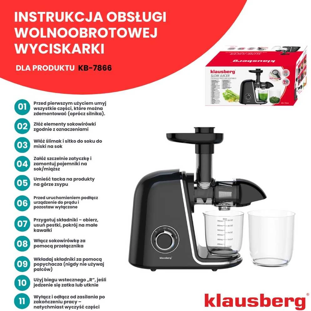 Sulčiaspaudė Lėtaeigė sulčiaspaudė vaisiams ir daržovėms, horizontali, juoda su sidabro elementais, 150 W, Klausberg, kb-7866