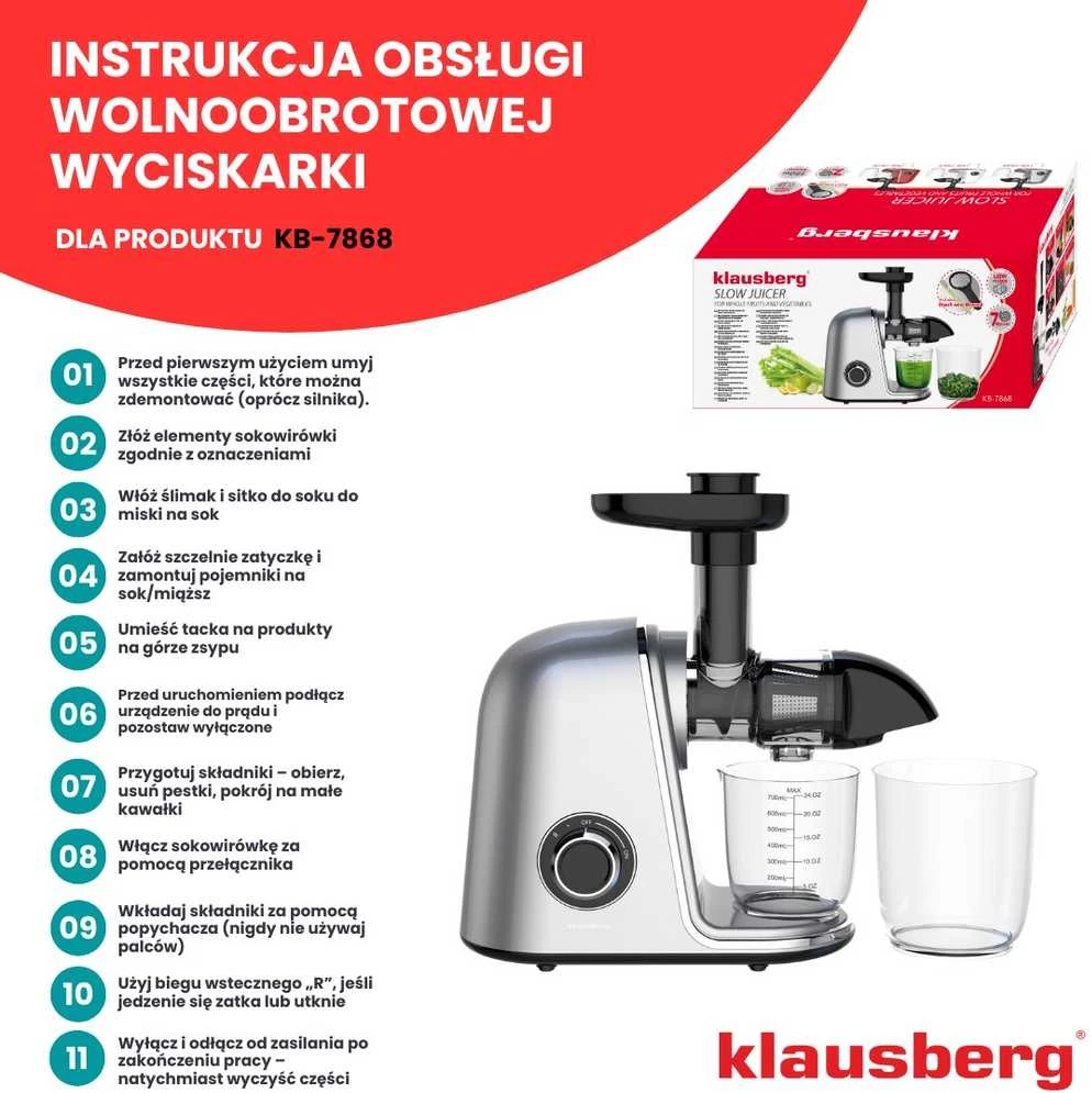 Sulčiaspaudė Lėtaeigė sulčiaspaudė vaisiams ir daržovėms, horizontali, pilka, 150 W, Klausberg, kb-7868