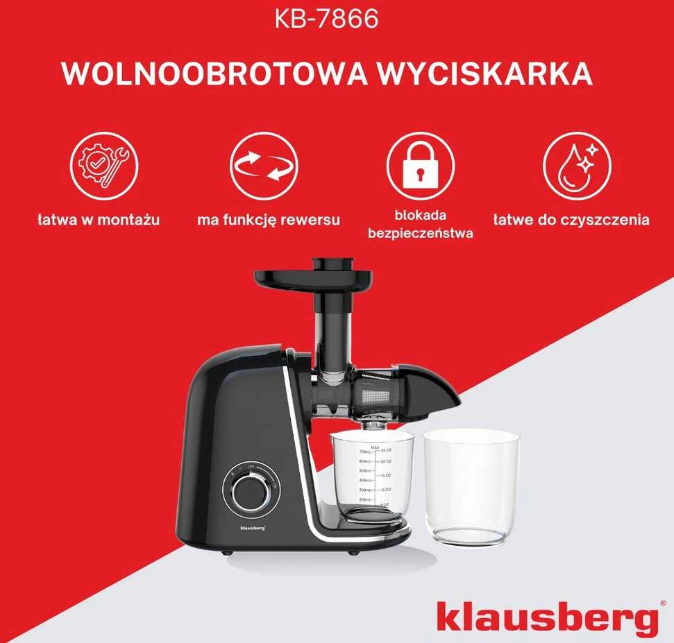 Sulčiaspaudė Lėtaeigė sulčiaspaudė vaisiams ir daržovėms, horizontali, juoda su sidabro elementais, 150 W, Klausberg, kb-7866