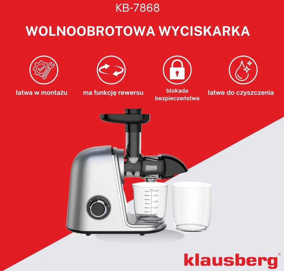 Sulčiaspaudė Lėtaeigė sulčiaspaudė vaisiams ir daržovėms, horizontali, pilka, 150 W, Klausberg, kb-7868