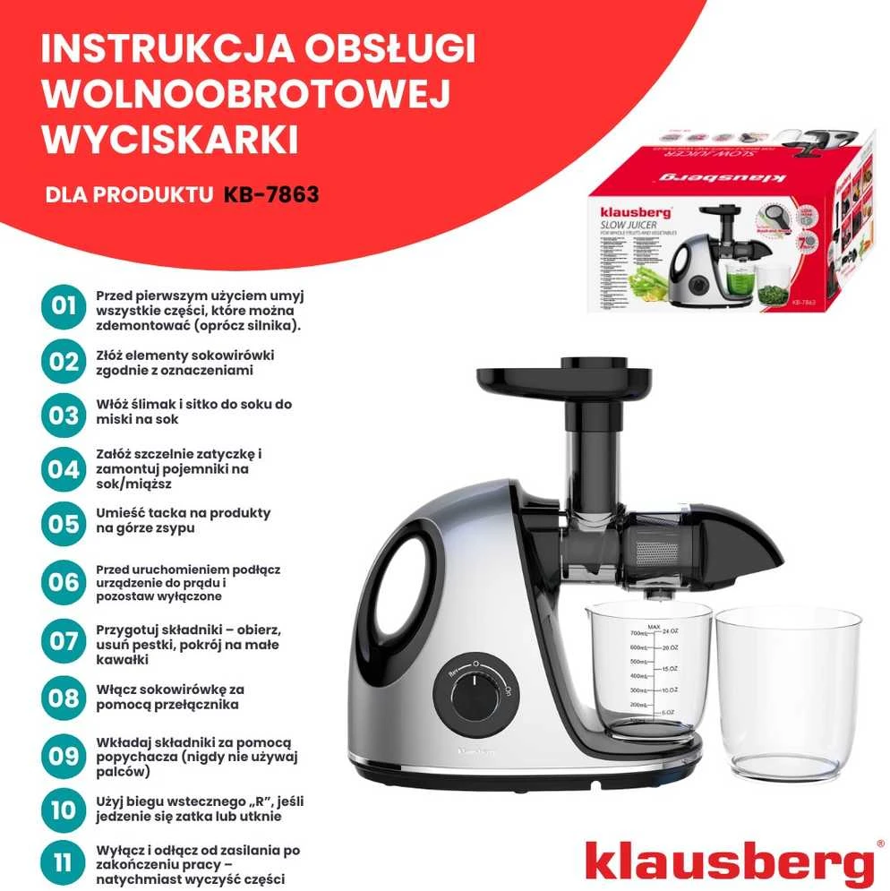 Sulčiaspaudė Lėta sulčiaspaudė vaisiams ir daržovėms, horizontali su rankena, 150 W, pilka, Klausberg, kb-7863