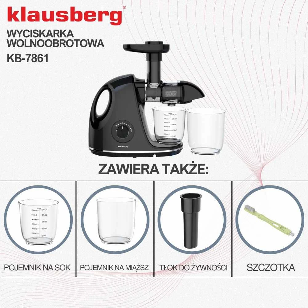 Sulčiaspaudė Lėta sulčiaspaudė vaisiams ir daržovėms, horizontali su rankena, 150 W, juoda, Klausberg, kb-7861