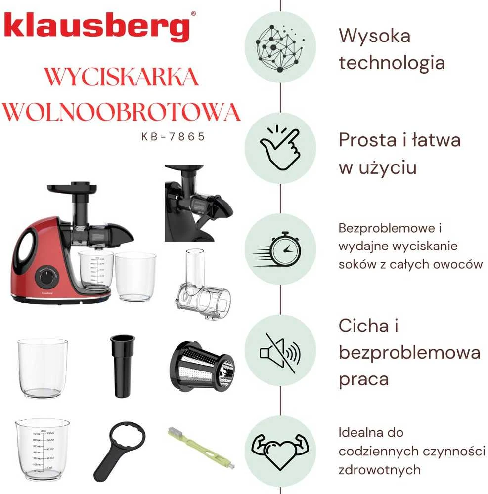 Sulčiaspaudė Lėtaeigė sulčiaspaudė vaisiams ir daržovėms, horizontali su rankena, 150 W, vyšninės raudonos spalvos, Klausberg, kb-7865