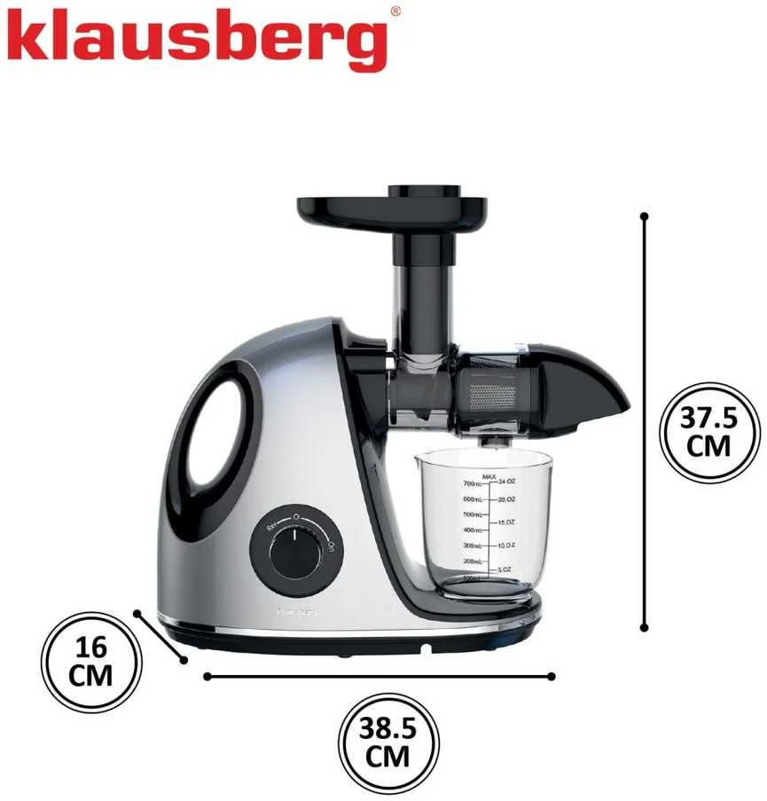 Sulčiaspaudė Lėta sulčiaspaudė vaisiams ir daržovėms, horizontali su rankena, 150 W, pilka, Klausberg, kb-7863