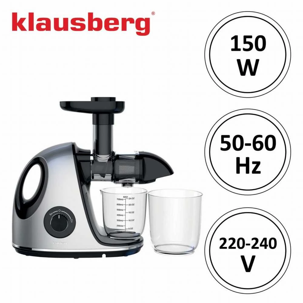 Sulčiaspaudė Lėta sulčiaspaudė vaisiams ir daržovėms, horizontali su rankena, 150 W, pilka, Klausberg, kb-7863