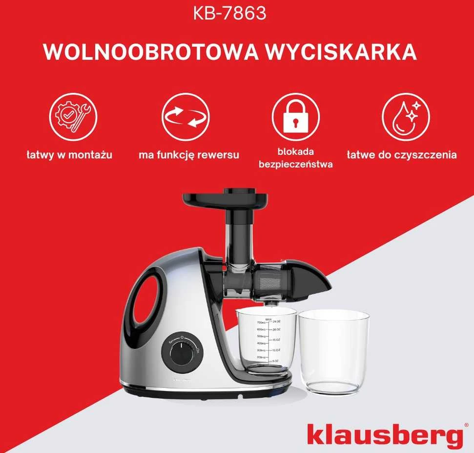 Sulčiaspaudė Lėta sulčiaspaudė vaisiams ir daržovėms, horizontali su rankena, 150 W, pilka, Klausberg, kb-7863