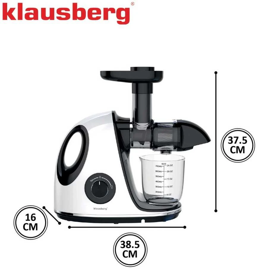 Sulčiaspaudė Lėtaeigė sulčiaspaudė vaisiams ir daržovėms, horizontali su rankena, 150 W, balta, Klausberg, kb-7864