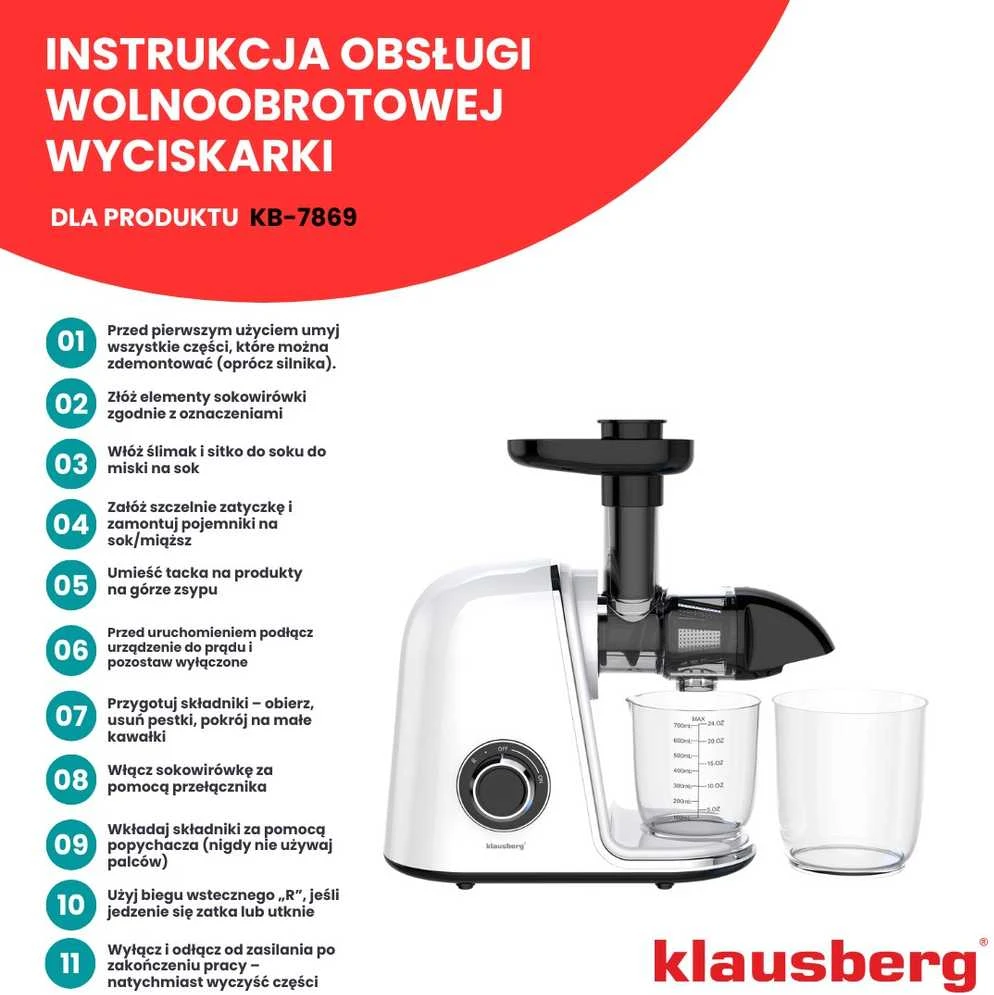 Sulčiaspaudė Lėtaeigė sulčiaspaudė vaisiams ir daržovėms, horizontali, balta, 150 W, Klausberg KB-7869
