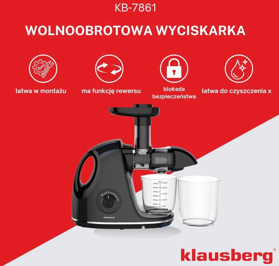 Sulčiaspaudė Lėta sulčiaspaudė vaisiams ir daržovėms, horizontali su rankena, 150 W, juoda, Klausberg, kb-7861