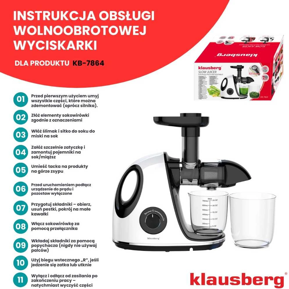 Sulčiaspaudė Lėtaeigė sulčiaspaudė vaisiams ir daržovėms, horizontali su rankena, 150 W, balta, Klausberg, kb-7864