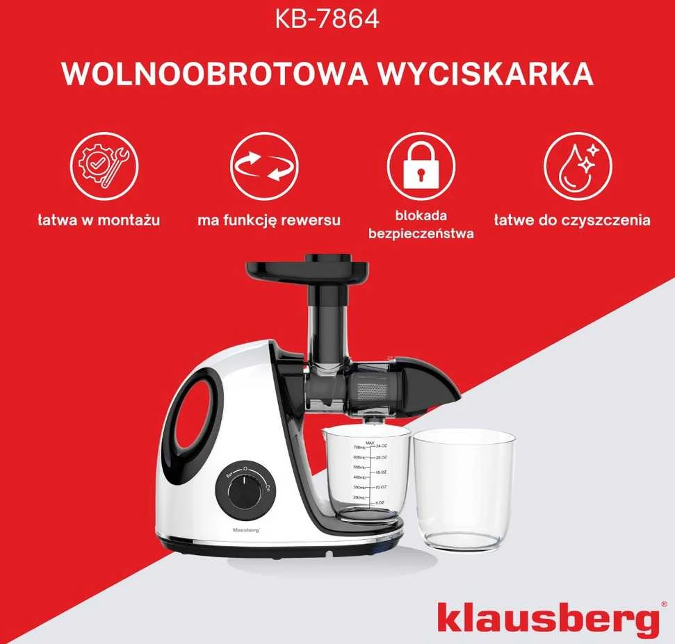 Sulčiaspaudė Lėtaeigė sulčiaspaudė vaisiams ir daržovėms, horizontali su rankena, 150 W, balta, Klausberg, kb-7864