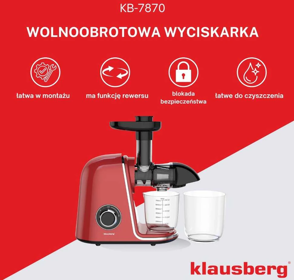 Sulčiaspaudė Lėtaeigė sulčiaspaudė vaisiams ir daržovėms, horizontali, vyšninės raudonos spalvos, 150 W, klausberg KB-7870