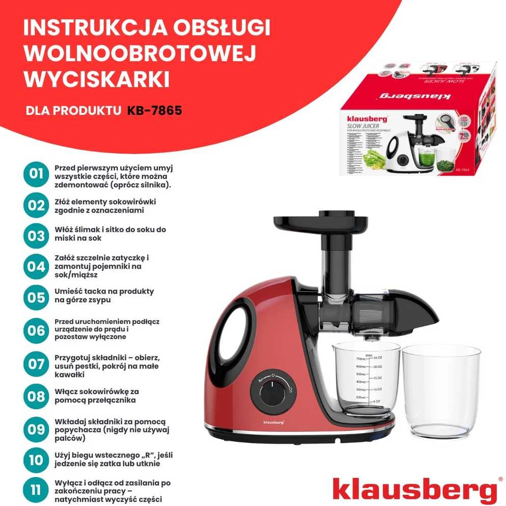 Sulčiaspaudė Lėtaeigė sulčiaspaudė vaisiams ir daržovėms, horizontali su rankena, 150 W, vyšninės raudonos spalvos, Klausberg, kb-7865