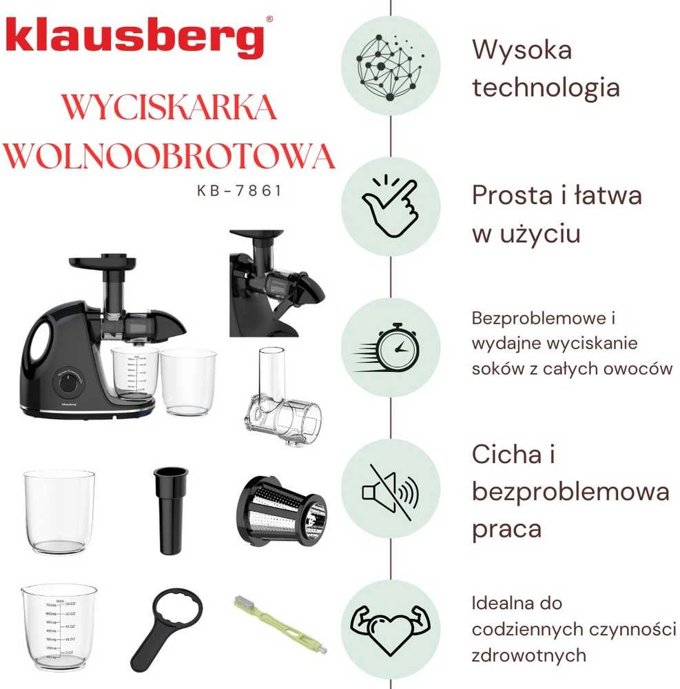 Sulčiaspaudė Lėta sulčiaspaudė vaisiams ir daržovėms, horizontali su rankena, 150 W, juoda, Klausberg, kb-7861
