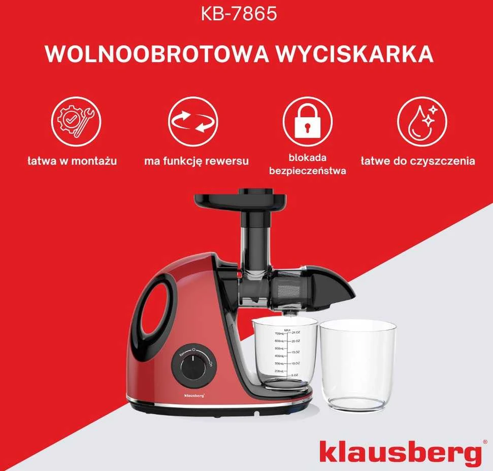 Sulčiaspaudė Lėtaeigė sulčiaspaudė vaisiams ir daržovėms, horizontali su rankena, 150 W, vyšninės raudonos spalvos, Klausberg, kb-7865