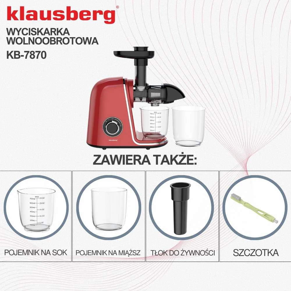 Sulčiaspaudė Lėtaeigė sulčiaspaudė vaisiams ir daržovėms, horizontali, vyšninės raudonos spalvos, 150 W, klausberg KB-7870