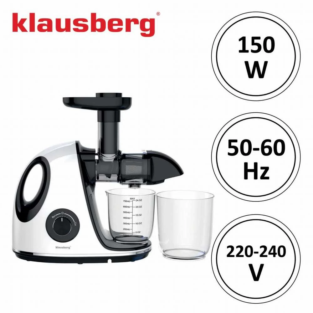 Sulčiaspaudė Lėtaeigė sulčiaspaudė vaisiams ir daržovėms, horizontali su rankena, 150 W, balta, Klausberg, kb-7864