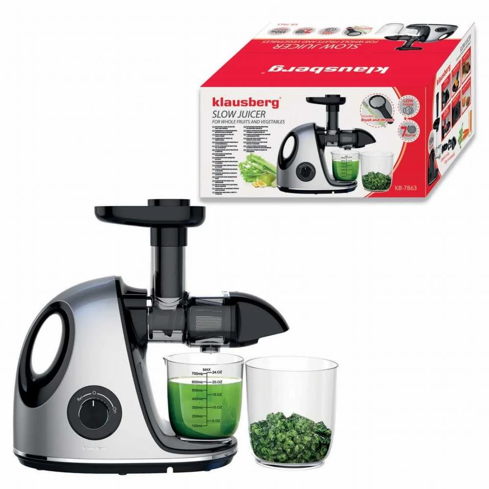 Sulčiaspaudė Lėta sulčiaspaudė vaisiams ir daržovėms, horizontali su rankena, 150 W, pilka, Klausberg, kb-7863