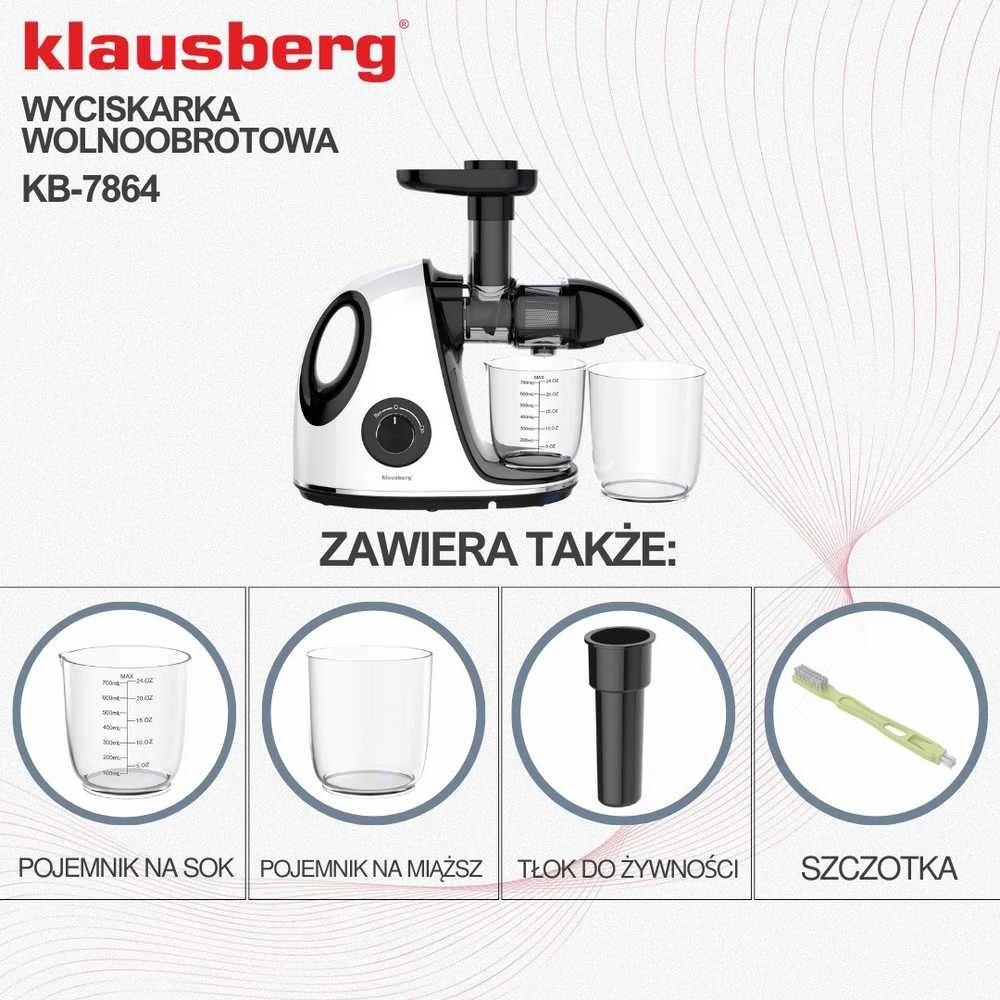 Sulčiaspaudė Lėtaeigė sulčiaspaudė vaisiams ir daržovėms, horizontali su rankena, 150 W, balta, Klausberg, kb-7864
