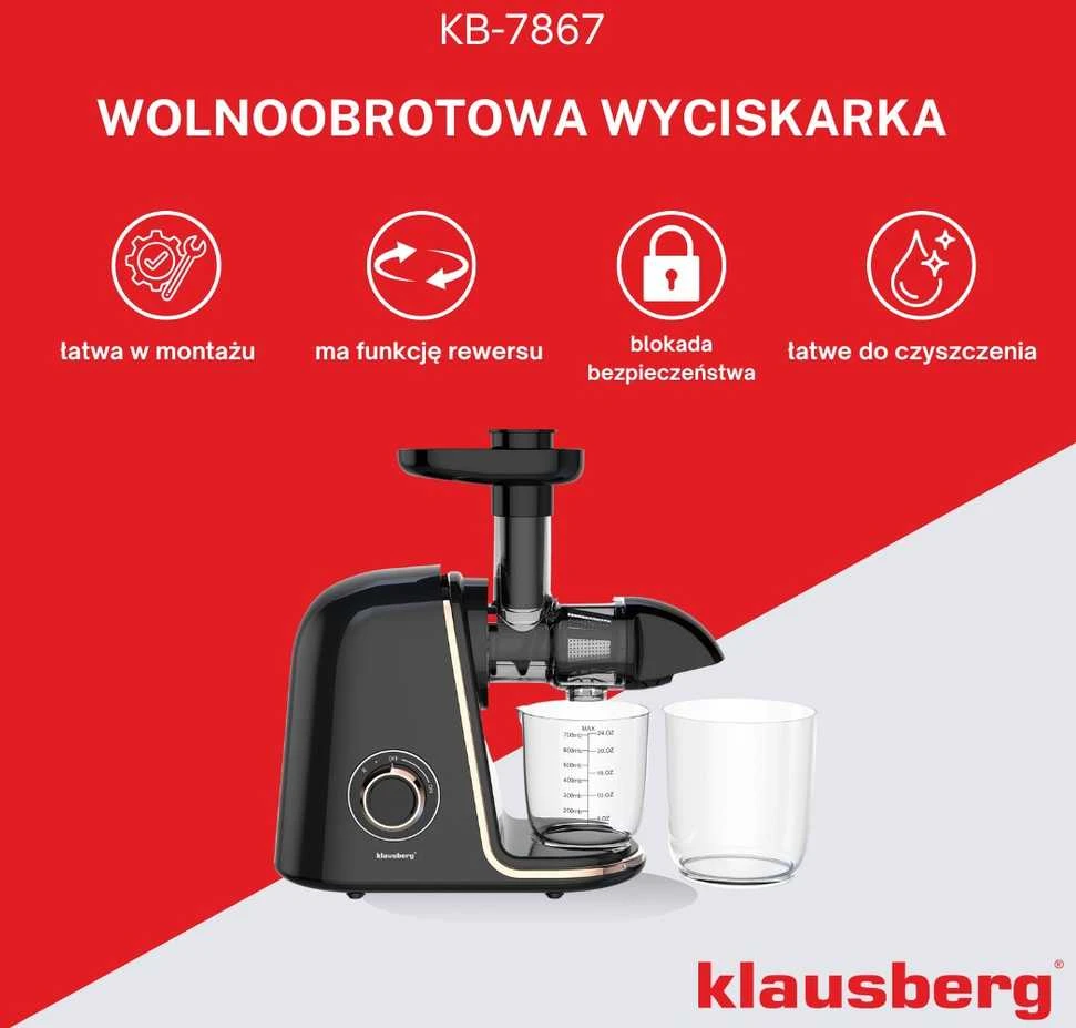 Sulčiaspaudė Lėtaeigė sulčiaspaudė vaisiams ir daržovėms, horizontali, juoda su rožinio aukso elementais, 150 W, Klausberg, kb-7867