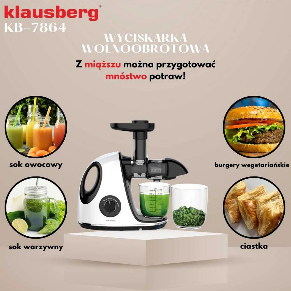 Sulčiaspaudė Lėtaeigė sulčiaspaudė vaisiams ir daržovėms, horizontali su rankena, 150 W, balta, Klausberg, kb-7864