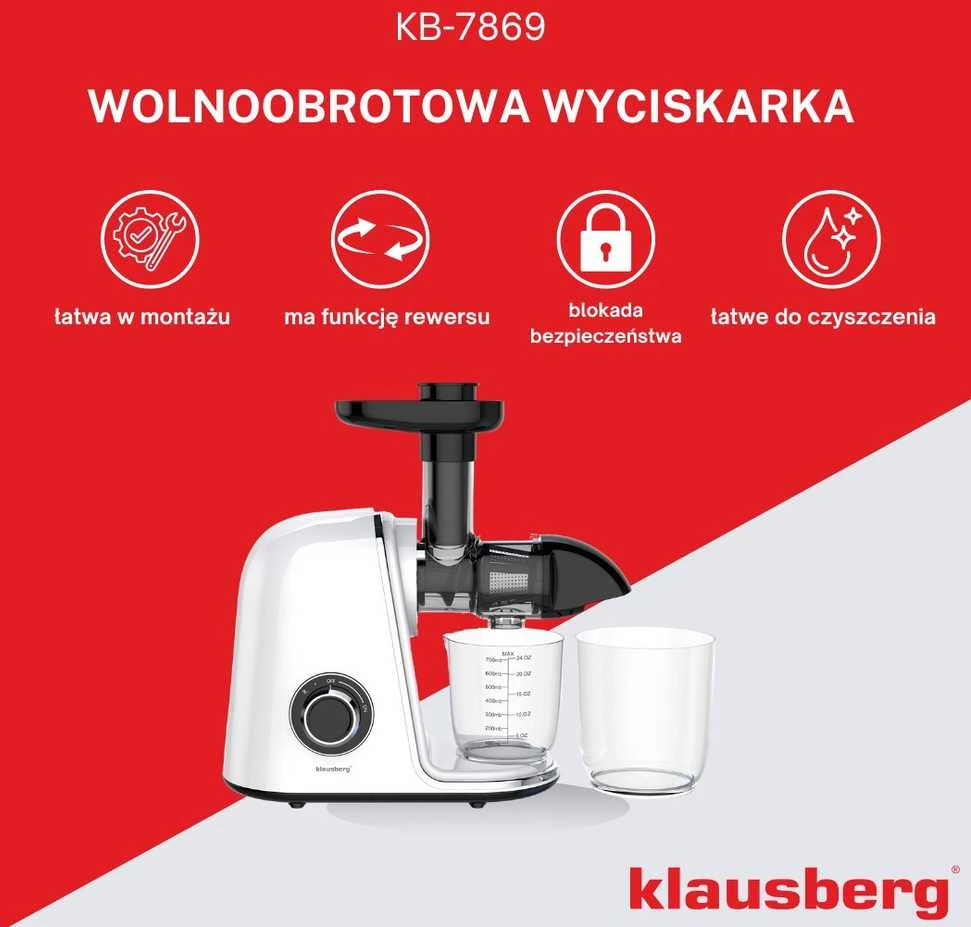 Sulčiaspaudė Lėtaeigė sulčiaspaudė vaisiams ir daržovėms, horizontali, balta, 150 W, Klausberg KB-7869