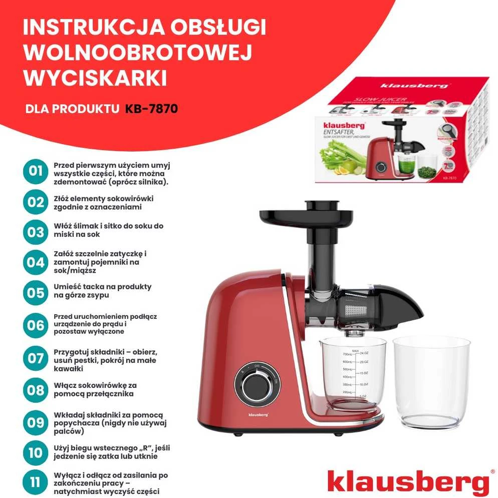 Sulčiaspaudė Lėtaeigė sulčiaspaudė vaisiams ir daržovėms, horizontali, vyšninės raudonos spalvos, 150 W, klausberg KB-7870