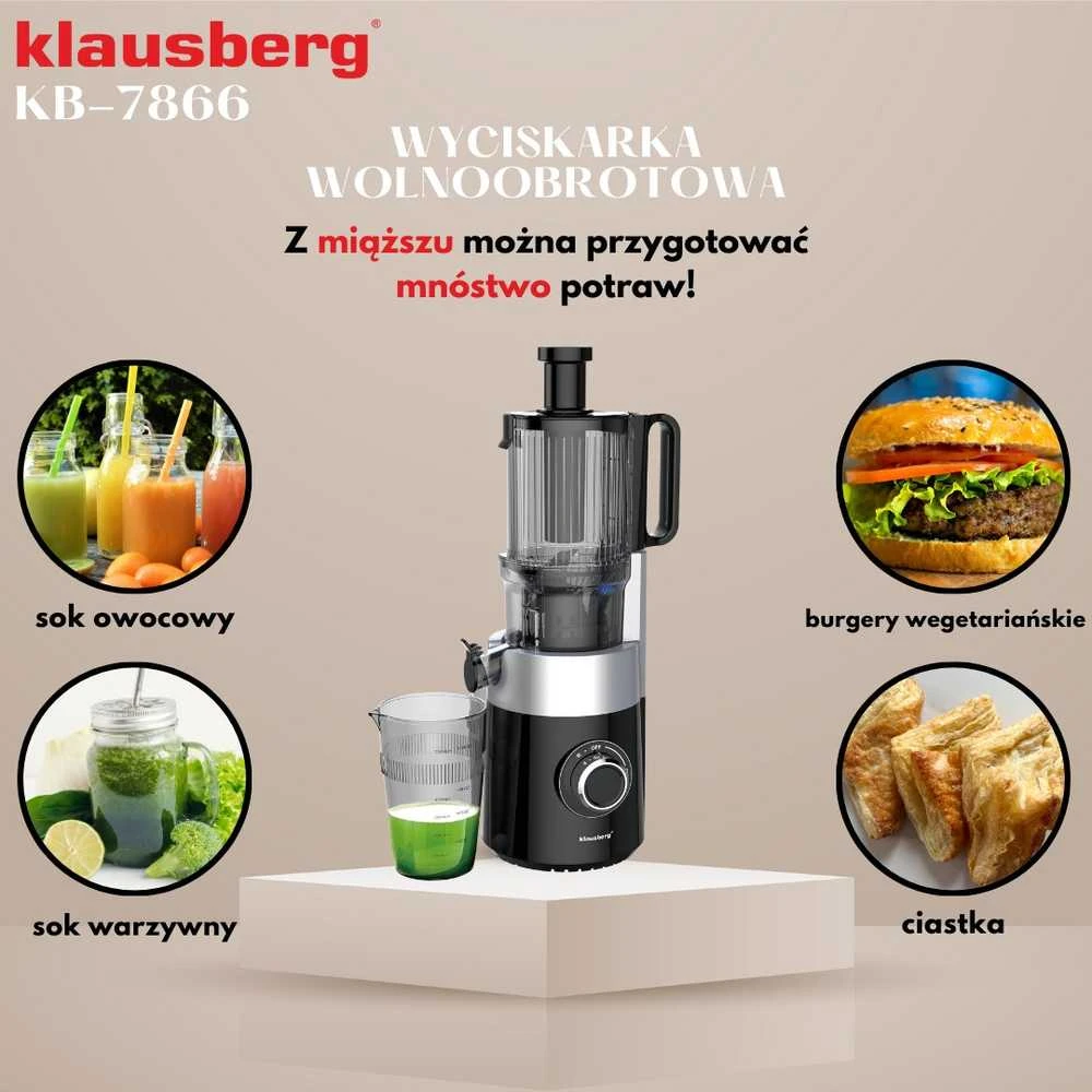 Sulčiaspaudė Lėtaeigė sulčiaspaudė vaisiams ir daržovėms, vertikali, juoda, 180 W, Klausberg, kb-7871
