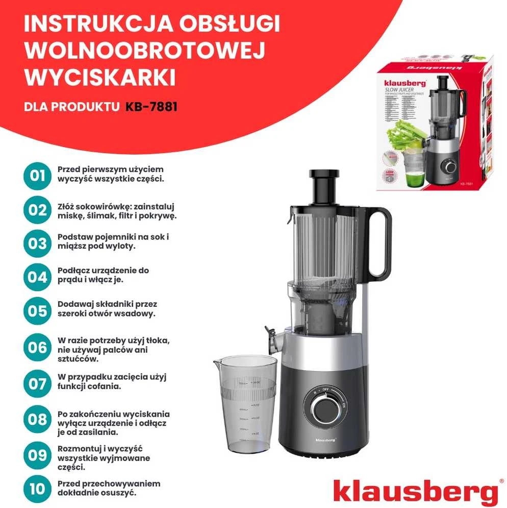 Sulčiaspaudė Lėtaeigė sulčiaspaudė vaisiams ir daržovėms, vertikali, pilka, 180 W, Klausberg, kb-7881