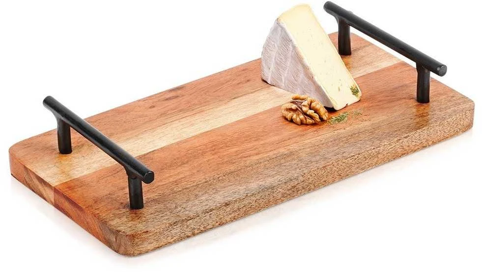 Home Styling Collection Dabar Tacas - Medinis padėklas 30x15,5 cm su metaliniais rankenomis