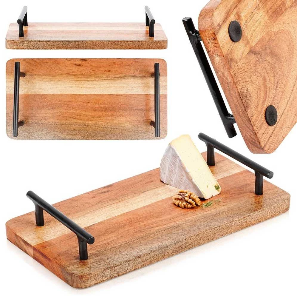 Home Styling Collection Dabar Tacas - Medinis padėklas 30x15,5 cm su metaliniais rankenomis