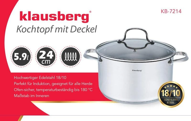 Puodas Puodas su dangčiu, plieno, 24 cm skersmens, 5,9 l, Klausberg