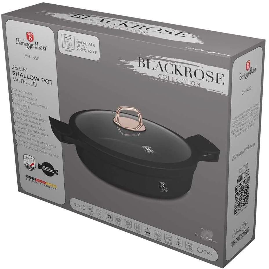 WOK Puodas NISKI Z POWŁOKĄ TYTANOWĄ 4.2L 28CM BERLINGER HAUS Juodas ROSE BH-1455