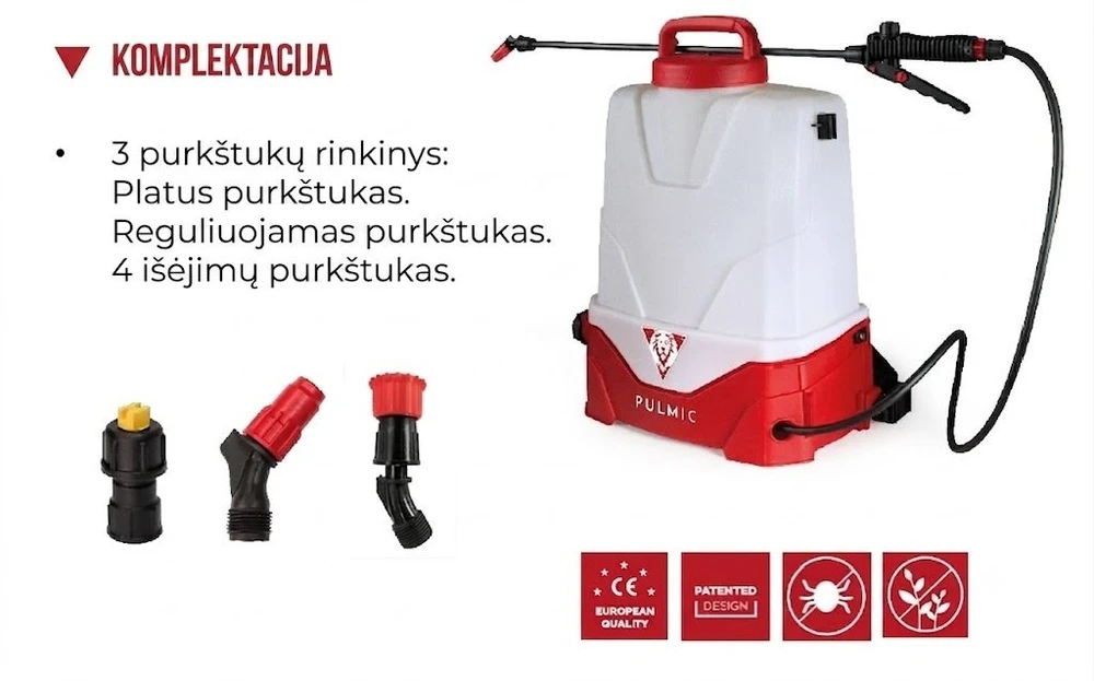 Akumuliatorinis sodo purkštuvas Pulmic Pegasus Lite 15L su ličio baterija + Dovana 100cm prailginimas