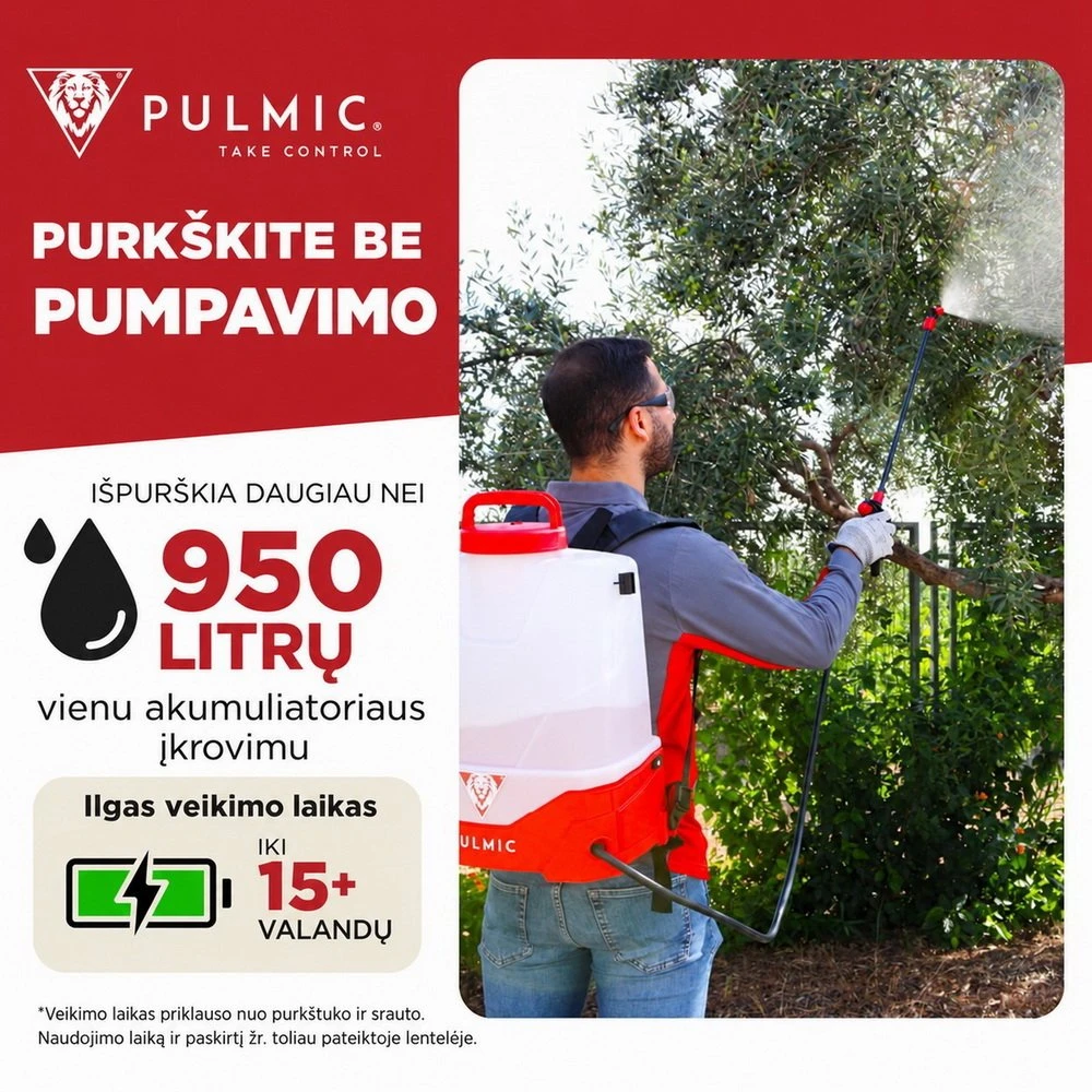 Akumuliatorinis sodo purkštuvas Pulmic Pegasus 15L su ličio baterija + Dovana
