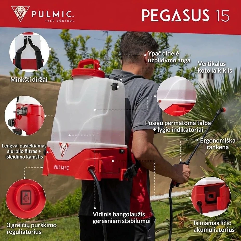 Akumuliatorinis sodo purkštuvas Pulmic Pegasus 15L su ličio baterija + Dovana