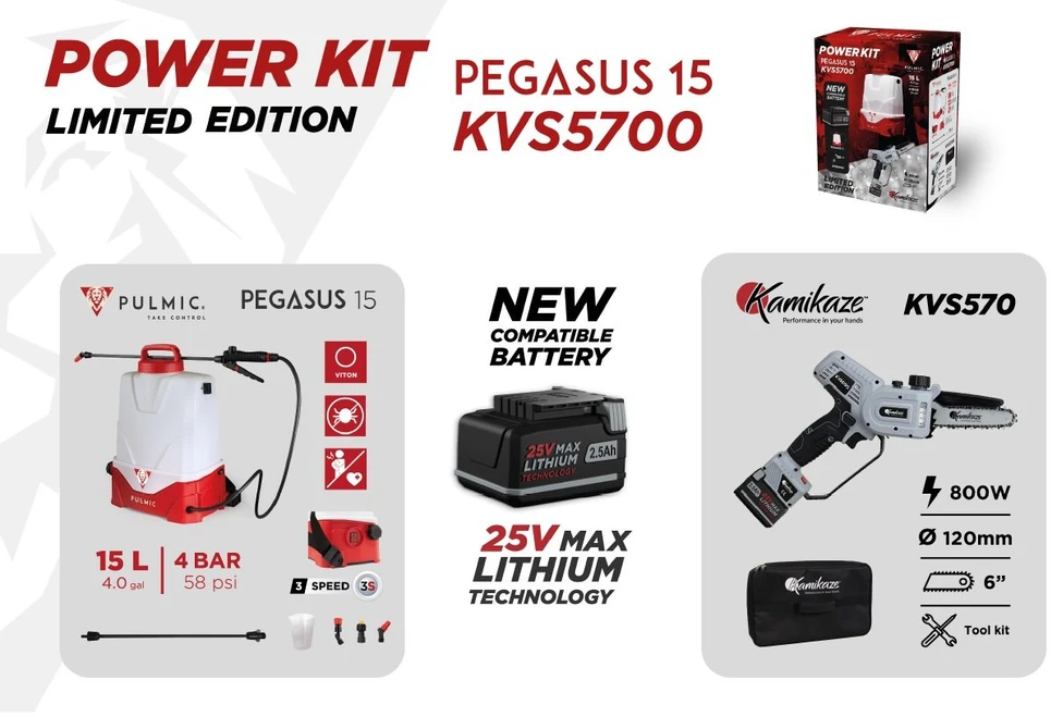 Rinkinys akumuliatorinis pjūklas Kamikaze KVS5700 + Akumuliatorinis purkštuvas Pulmic Pegasus 15